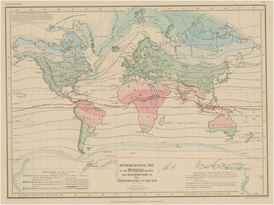 Early climatic world map from the Atlas of Physical Geography published by August Heinrich Peterman in 1850. The map marks climate zones by color to illustrate the distribution of the temperature of the air. The torrid zone is colored in red, the temperate zone is colored in green, the frigid zone is given in blue Source: Staatsbibliothek Berlin – preußischer Kulturbesitz